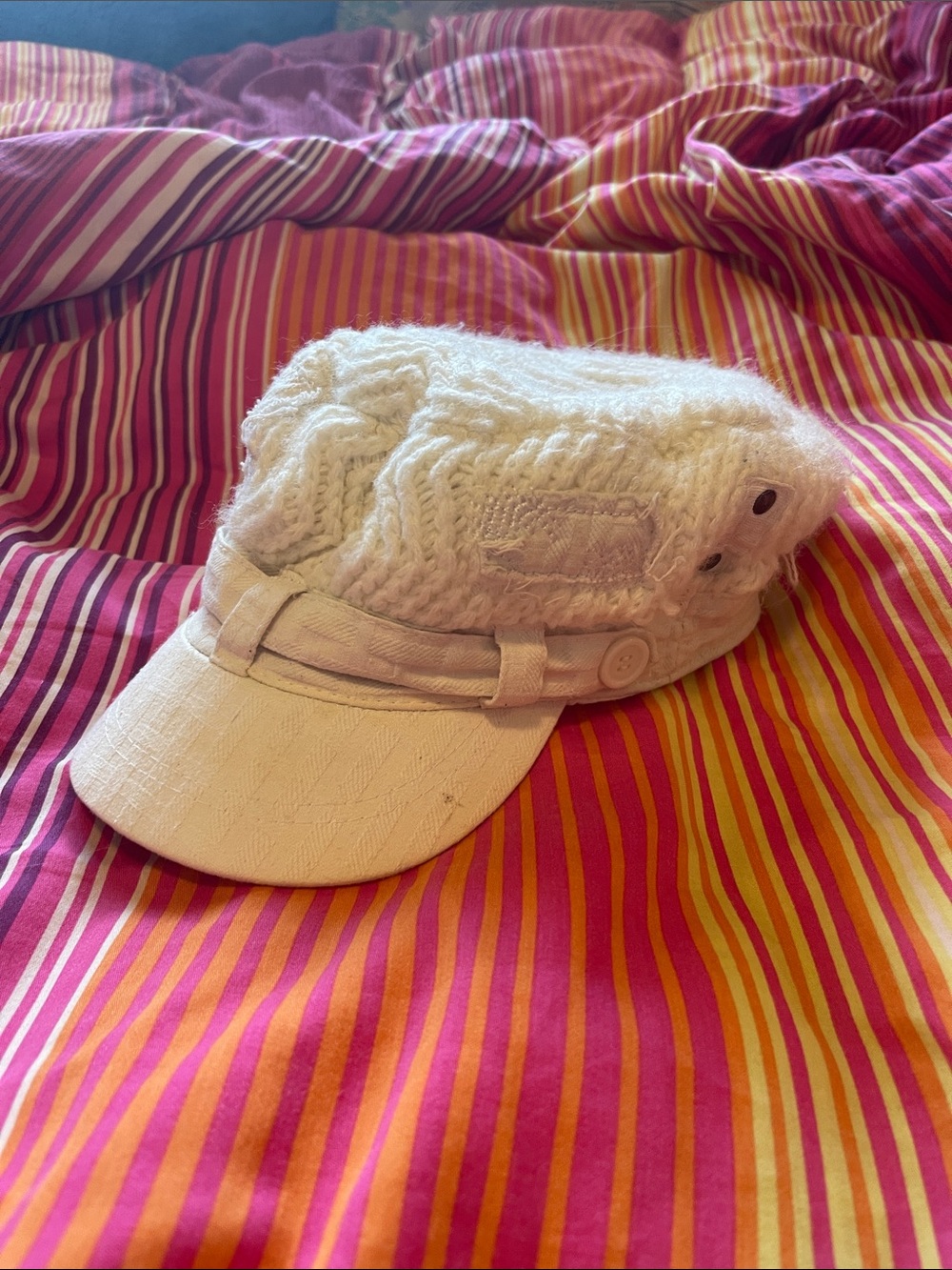 White Knit Cadet Cap with Brim and Button Detail
